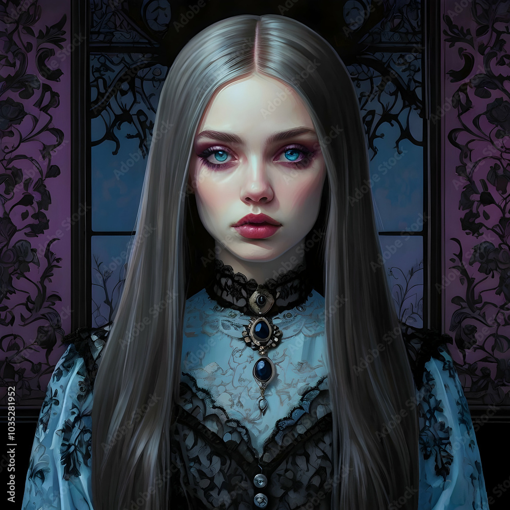 A hyperrealistic pop-art portrait of a gothic girl whose mysterious beauty shines through her enchanting light blue eyes and flowing hair, blending baby blue, purple, and rose tones. She is adorned in A hyperrealistic pop-art portrait of a gothic girl whose mysterious beauty shines through her enchanting light blue eyes and flowing hair, blending baby blue, purple, and rose tones. She is adorned in