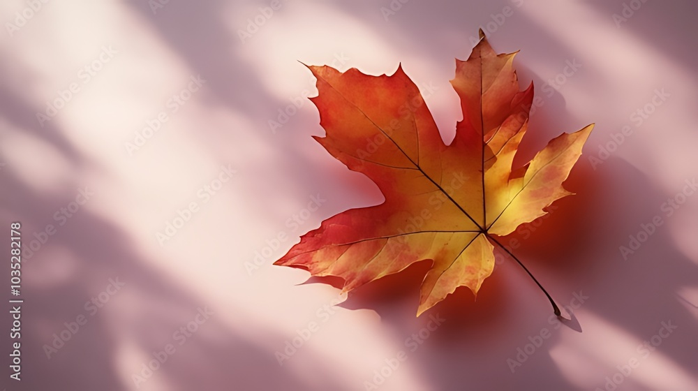 Fototapeta premium A single, vibrant orange and yellow maple leaf lies on a pink surface with soft sunlight casting shadows.