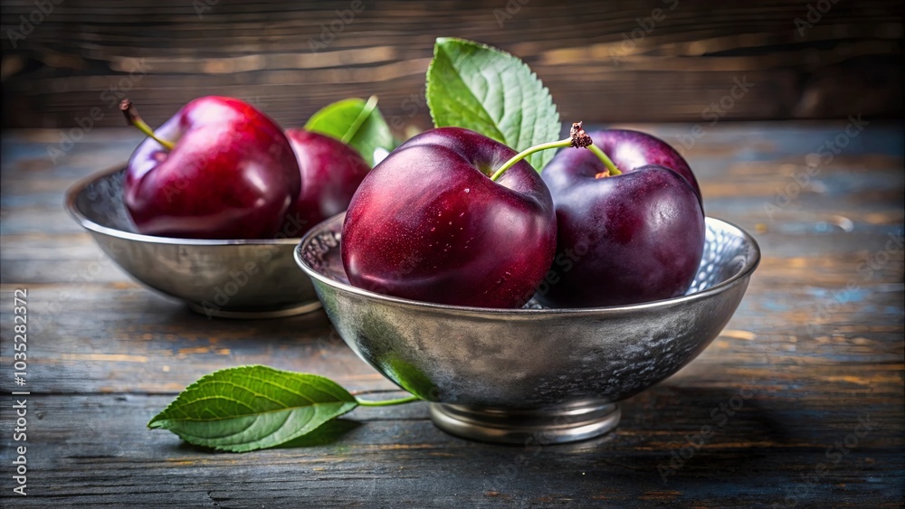 A still life of ripe plums in metallic bowls on a wooden table with leaves for a touch of nature A still life of ripe plums in metallic bowls on a wooden table with leaves for a touch of nature
