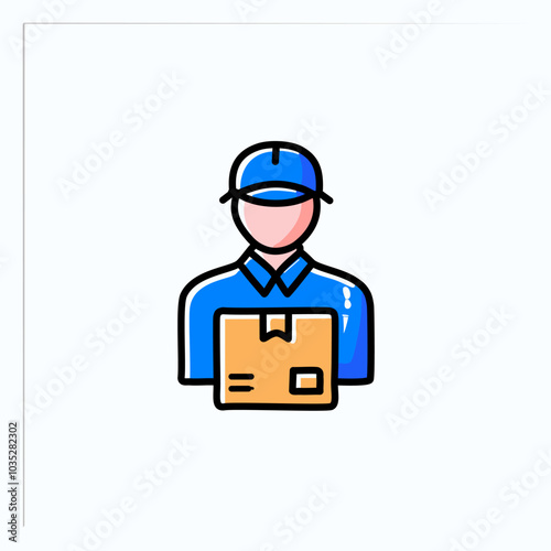delivery worker with box line icon, vector illustration, flat design