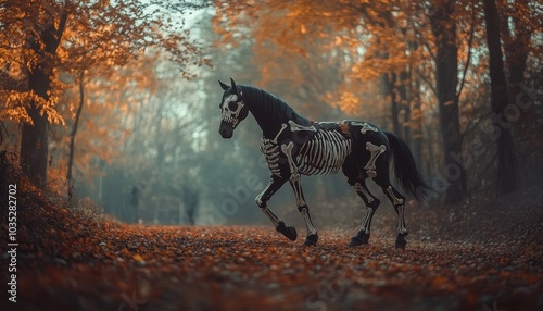 A striking skeletal horse gallops through a misty autumn forest, surrounded by vibrant orange leaves and an eerie atmosphere. photo