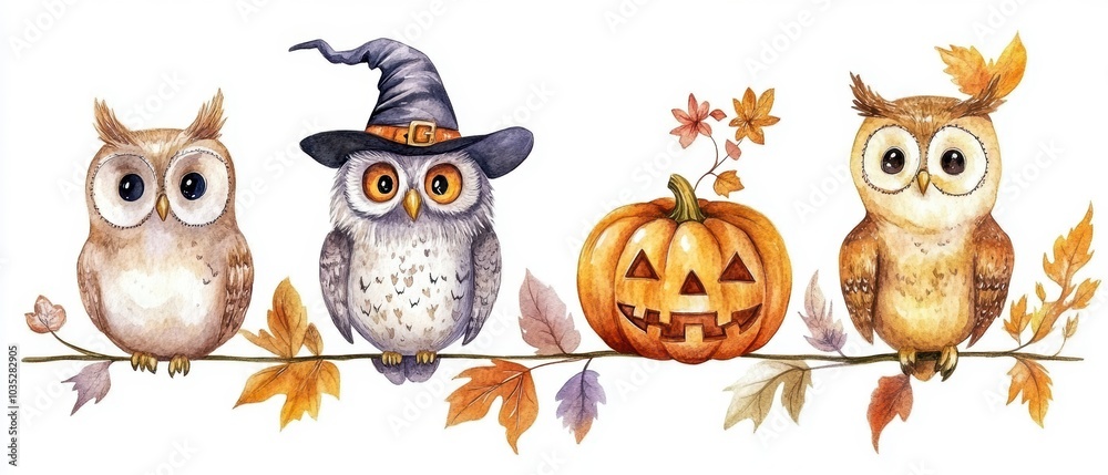 Four whimsical owls in a fall setting, featuring Halloween elements like a pumpkin and a witch hat. Four whimsical owls in a fall setting, featuring Halloween elements like a pumpkin and a witch hat.