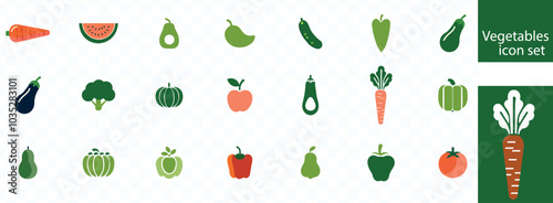 Vegetables icon set. Containing carrot, tomato, mushroom, broccoli, eggplant, corn, cucumber and lettuce icons. Solid icon collection