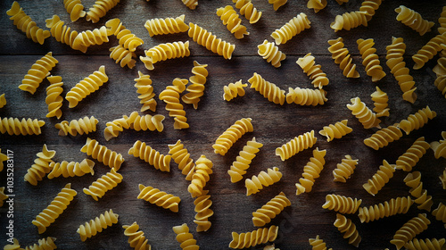 Close-up of uncooked pasta types scattered on rustic wooden surface, emphasizing texture and detail - 