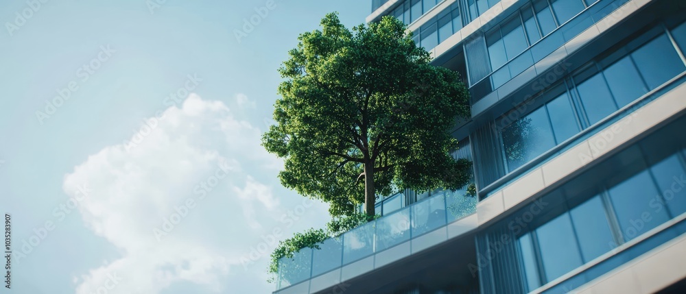 A modern building featuring a green tree on a balcony under a blue sky, highlighting urban nature integration. A modern building featuring a green tree on a balcony under a blue sky, highlighting urban nature integration.