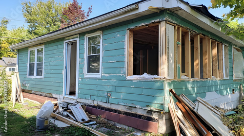 Damaged plastic siding being replaced as part of an exterior house renovation  -  
