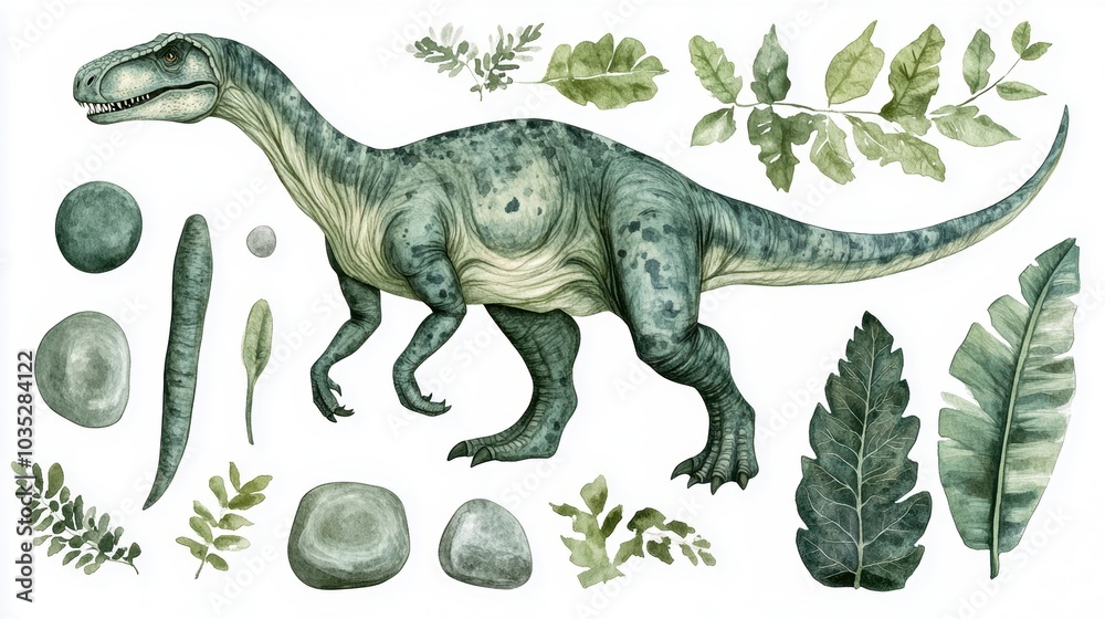 A detailed illustration of a dinosaur surrounded by plants and stones, showcasing a vibrant prehistoric scene.