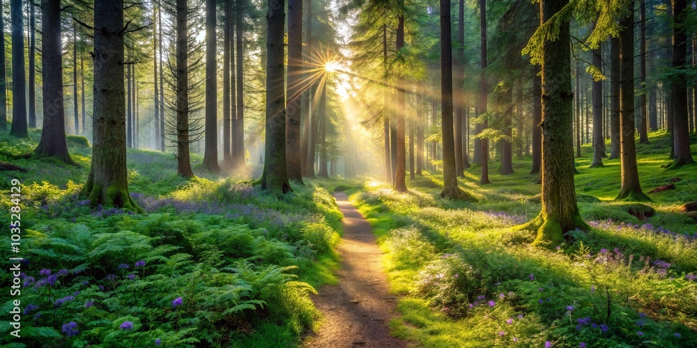 Fototapeta premium Golden Rays Illuminate a Winding Path Through a Lush Forest of Tall Trees and Vibrant Green Ferns