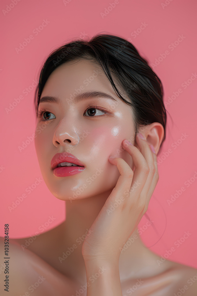 Radiant Beauty on Pink: A portrait of a young woman with flawless skin and subtle makeup against a soft pink backdrop. Her serene expression and delicate touch create a captivating image. Radiant Beauty on Pink: A portrait of a young woman with flawless skin and subtle makeup against a soft pink backdrop. Her serene expression and delicate touch create a captivating image.
