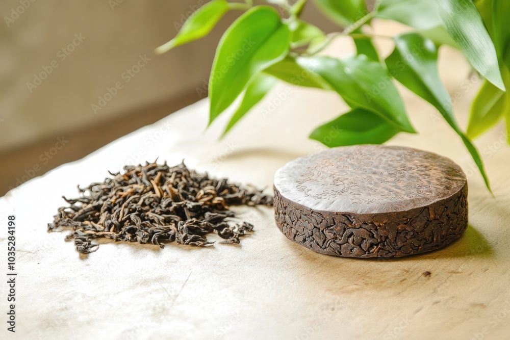 Chinese Pu Erh Tea Briquette with Loose Leaves and Plant - Perfect for Tea Enthusiasts and Organic Product Designs Chinese Pu Erh Tea Briquette with Loose Leaves and Plant - Perfect for Tea Enthusiasts and Organic Product Designs