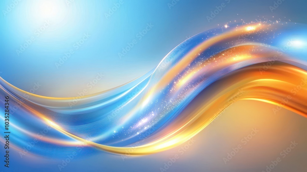 Fototapeta premium A blue and yellow abstract background with flowing lines and soft light effects, creating a harmonious blend of colors