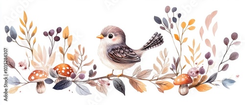 A charming bird perched among colorful mushrooms and delicate foliage on a white background.