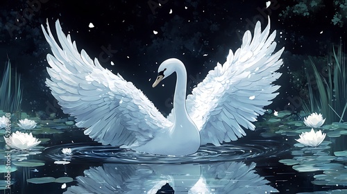 Fototapeta Naklejka Na Ścianę i Meble -  An artistic sketch of a swan swimming in a pond with lush plants around