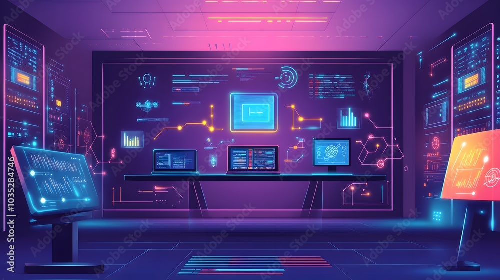 information and telecommunication technology and IOT - internet of things concepts. Diagrams with icons on server room backgrounds. information and telecommunication technology and IOT - internet of things concepts. Diagrams with icons on server room backgrounds.