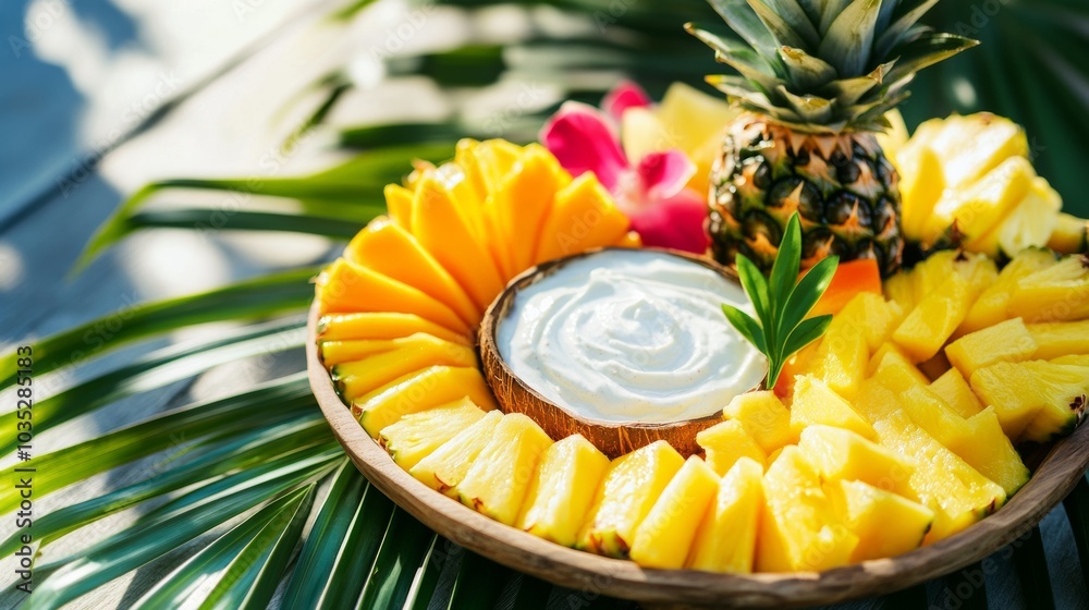 A colorful tropical fruit platter brimming with pineapple, mango, and papaya slices A colorful tropical fruit platter brimming with pineapple, mango, and papaya slices