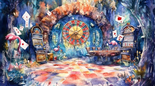 Wonderlandthemed watercolor illustration with popular casino elements photo