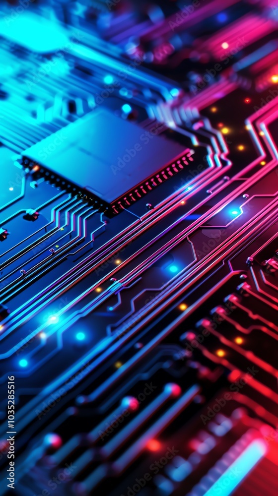 Close-up of a colorful and illuminated circuit board, showcasing intricate details and modern technology components. Close-up of a colorful and illuminated circuit board, showcasing intricate details and modern technology components.