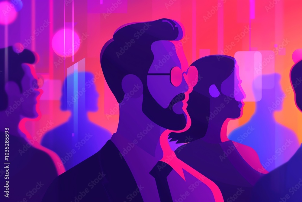 Abstract illustration of a group of people in a vibrant and colorful setting, featuring neon lights and silhouettes. Abstract illustration of a group of people in a vibrant and colorful setting, featuring neon lights and silhouettes.