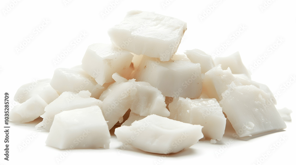 Fresh coconut meat pieces, displayed on a clean white background - Fresh coconut meat pieces, displayed on a clean white background -