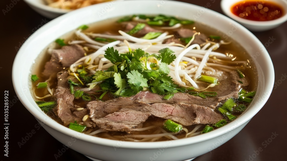 A comforting bowl of beef pho with rice noodles, thinly sliced beef, bean sprouts A comforting bowl of beef pho with rice noodles, thinly sliced beef, bean sprouts