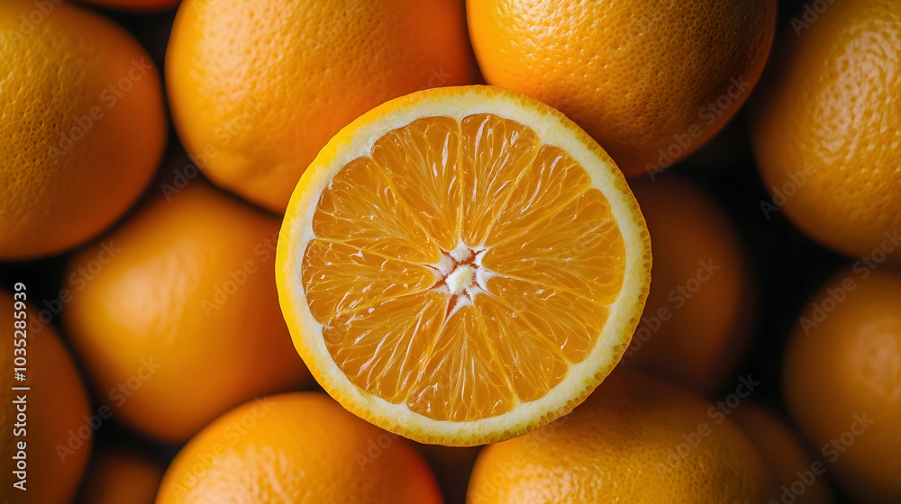 Freshly sliced orange showcasing its juicy and vibrant details against a background of whole oranges - Freshly sliced orange showcasing its juicy and vibrant details against a background of whole oranges -