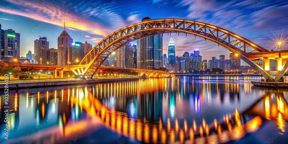 Obraz premium An illuminated bridge spanning a serene waterway, its steel structure reflecting the vibrant cityscape illuminated by twilight's soft glow.