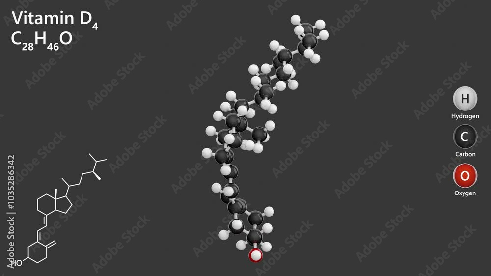 dihydroergocalciferol or vitamin D4. Animated 3d model of molecule. Molecular formula: C28H46O.Chemical model: Ball and Stick. Gray background. 3D rendering. Seamless loop dihydroergocalciferol or vitamin D4. Animated 3d model of molecule. Molecular formula: C28H46O.Chemical model: Ball and Stick. Gray background. 3D rendering. Seamless loop