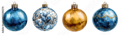 Set of watercolour Christmas tree ball decorations. 
blue, gold, silver Christmas  balls, Christmas baubles with ornaments. on isolated background, png