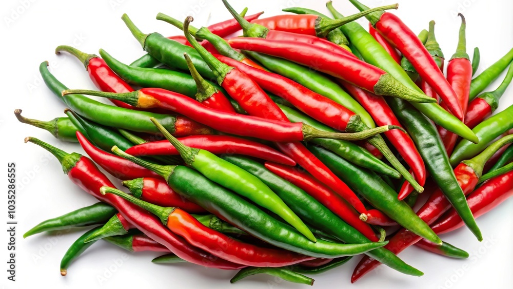 Aerial view of mixed green and red chili peppers on white background Aerial view of mixed green and red chili peppers on white background