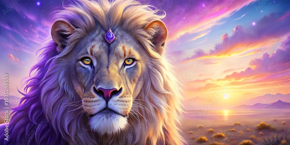 Fototapeta premium A majestic lion with a jeweled crown, eyes fixed on the horizon, as the sun sets on a distant landscape. The purple hues of the sky and the lion's mane create a mystical and serene atmosphere.