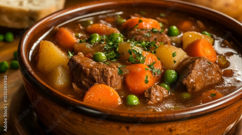 A comforting bowl of beef stew with tender chunks of beef, carrots, potatoes A comforting bowl of beef stew with tender chunks of beef, carrots, potatoes