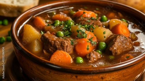 A comforting bowl of beef stew with tender chunks of beef, carrots, potatoes