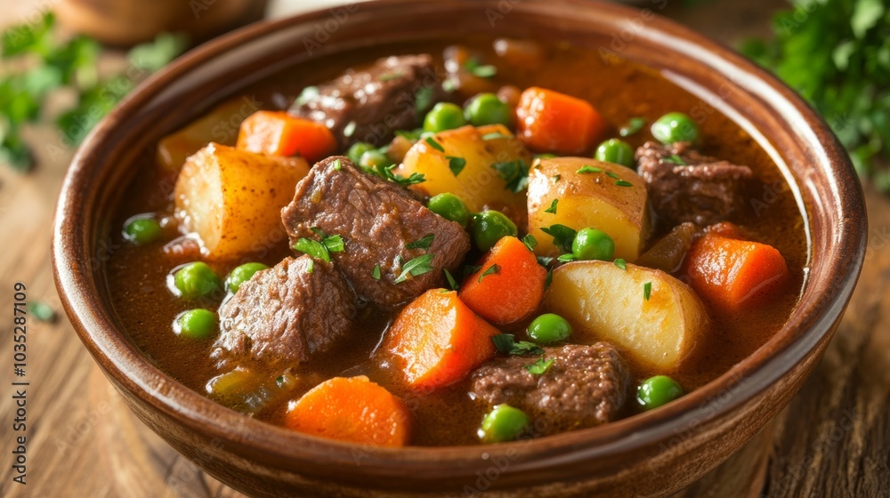 A comforting bowl of beef stew with tender chunks of beef, carrots, potatoes A comforting bowl of beef stew with tender chunks of beef, carrots, potatoes