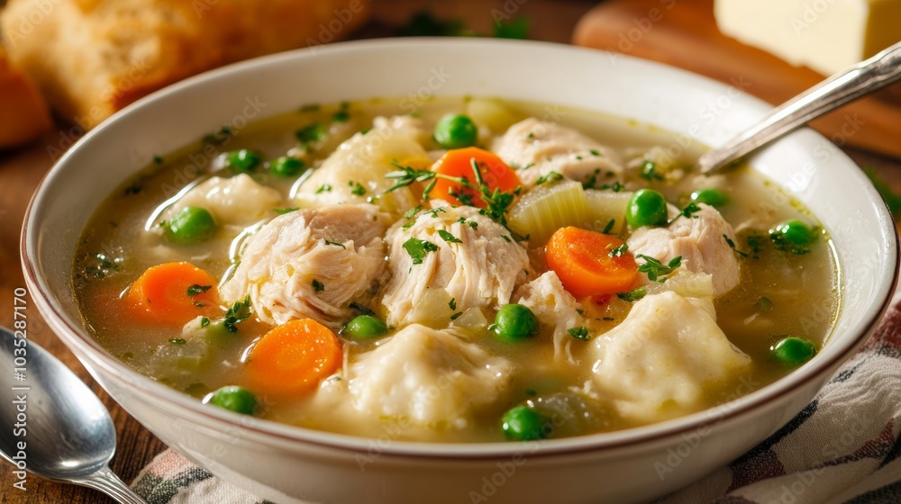 A comforting bowl of chicken and dumplings soup with tender pieces of chicken, fluffy dumplings, carrots A comforting bowl of chicken and dumplings soup with tender pieces of chicken, fluffy dumplings, carrots