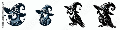 A whimsical collection of illustrated birds in wizard hats, perfect for Halloween or fantasy-themed designs and decorations.