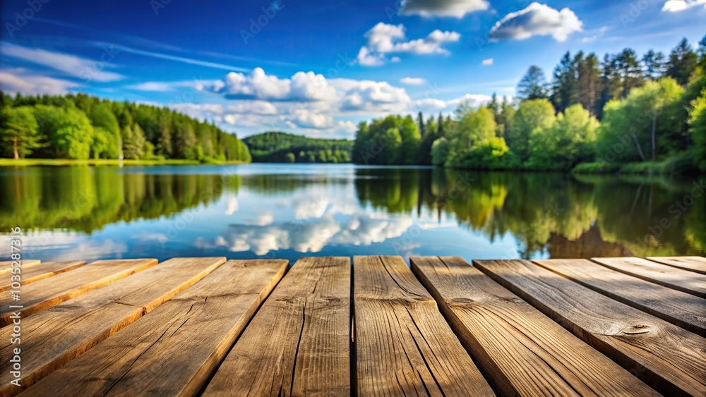 Aerial wooden table by summer lake Aerial wooden table by summer lake