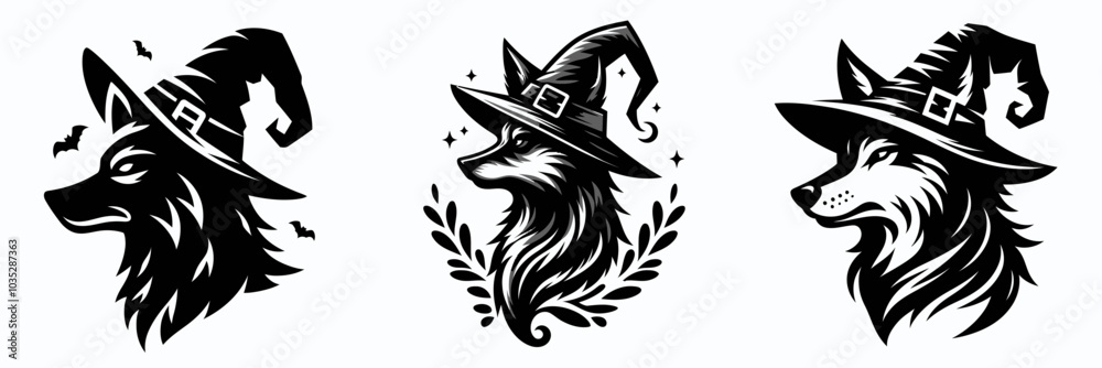 Fototapeta premium Artistic representation of stylish wolves wearing witch hats, perfect for Halloween-themed designs and illustrations.