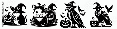 Adorable Halloween illustrations featuring cute animals, pumpkins, and whimsical witch hats in black and white art.