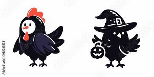 Cute cartoon chicken and whimsical witch bird holding a pumpkin, perfect for Halloween themes and playful illustrations.