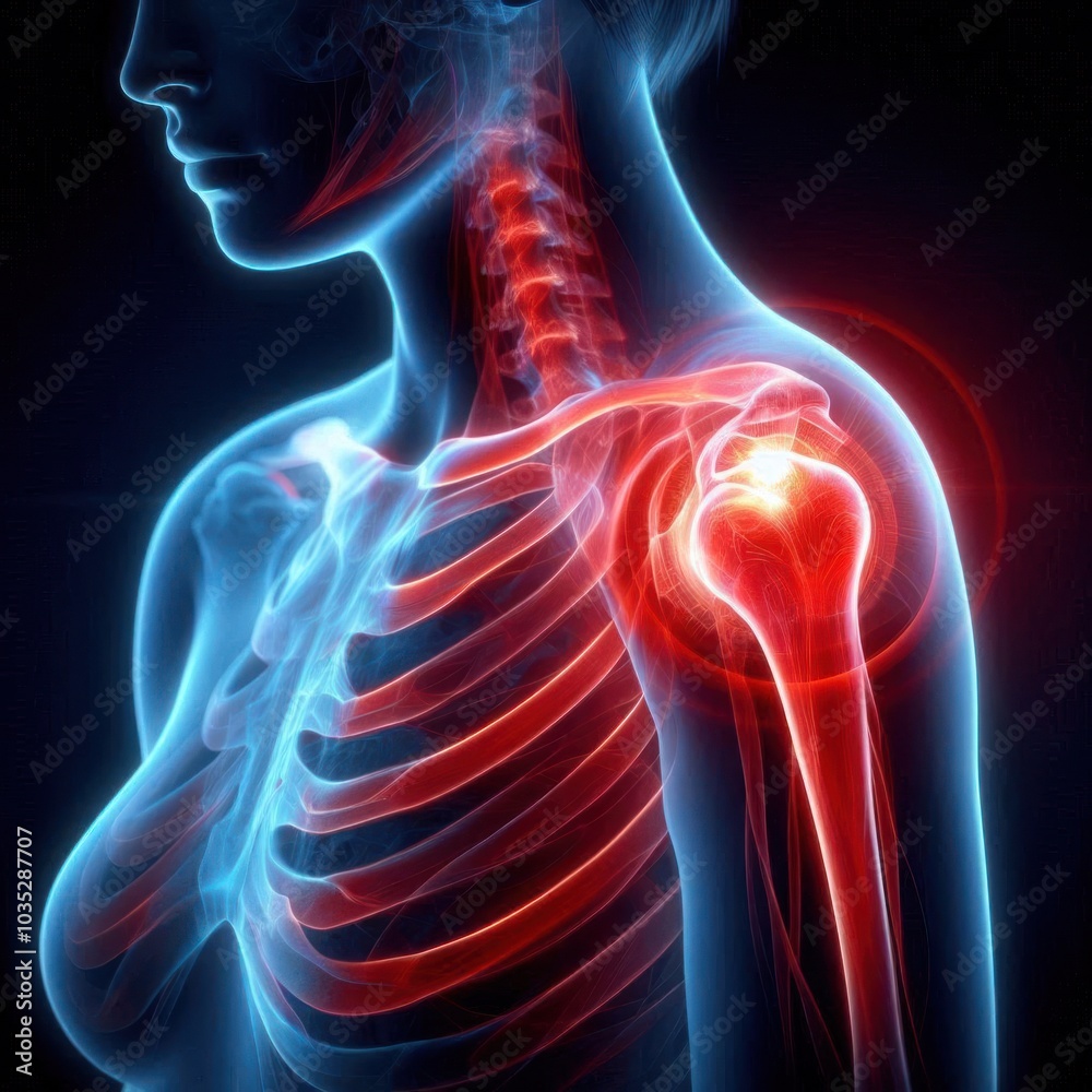3D Medical Illustration of Shoulder and Joint Pain with X-Ray Anatomy View 3D Medical Illustration of Shoulder and Joint Pain with X-Ray Anatomy View