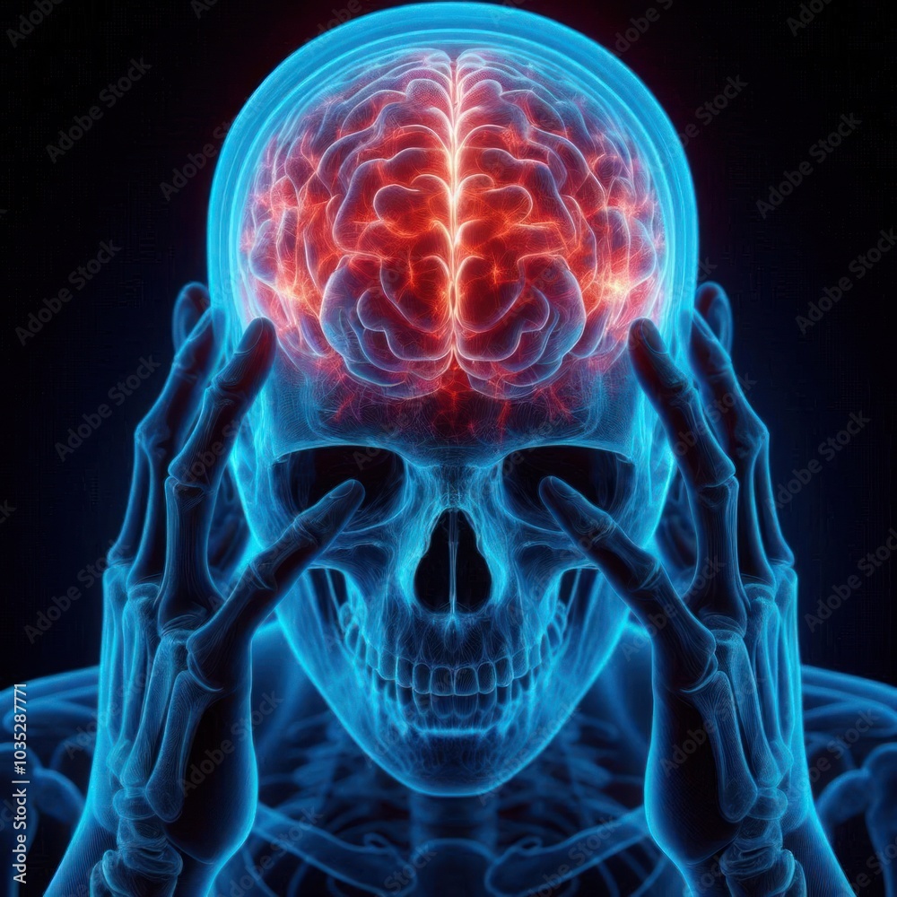Fototapeta premium 3D X-ray Illustration of Human Skull with Brain Highlighted in Red, Depicting Pain or Headache