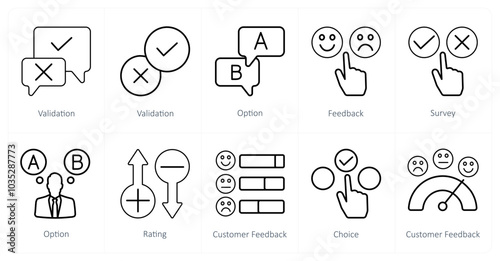 A set of 10 survey and ratings icons as validation, option, feebback