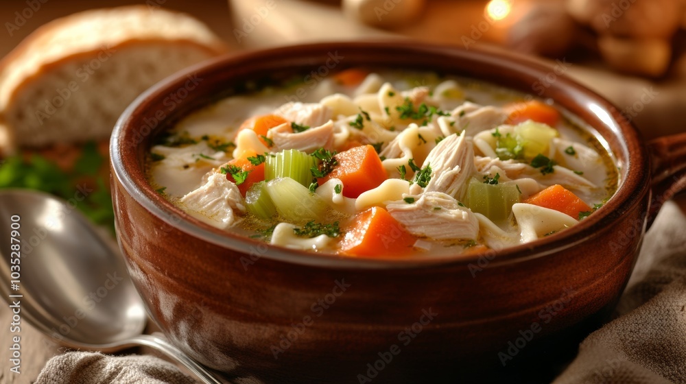 A comforting bowl of chicken noodle soup with carrots and celery, served in a ceramic bowl, Soup centered A comforting bowl of chicken noodle soup with carrots and celery, served in a ceramic bowl, Soup centered