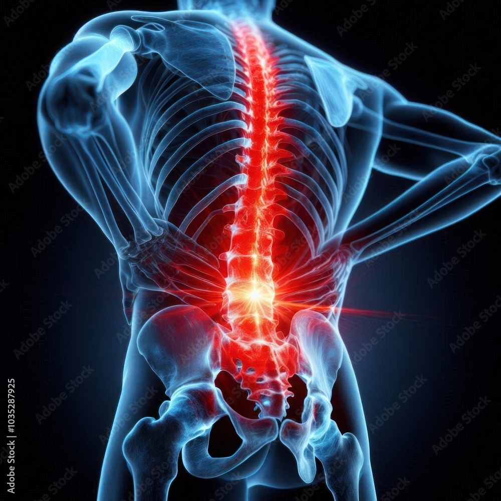 3D X-ray Illustration of Human Spine with Lumbar Pain Highlighted in Red, Depicting Back Pain or Injury 3D X-ray Illustration of Human Spine with Lumbar Pain Highlighted in Red, Depicting Back Pain or Injury