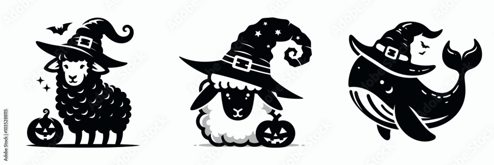 Fototapeta premium Whimsical Halloween animals in hats featuring a sheep, a bat, and a whale, perfect for seasonal decorations and playful designs.
