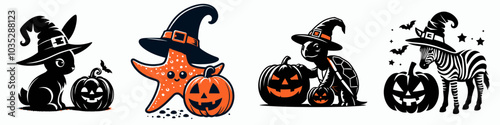 Whimsical Halloween characters featuring a bunny, starfish, turtle, and zebra with pumpkins and wizard hats for festive decor.
