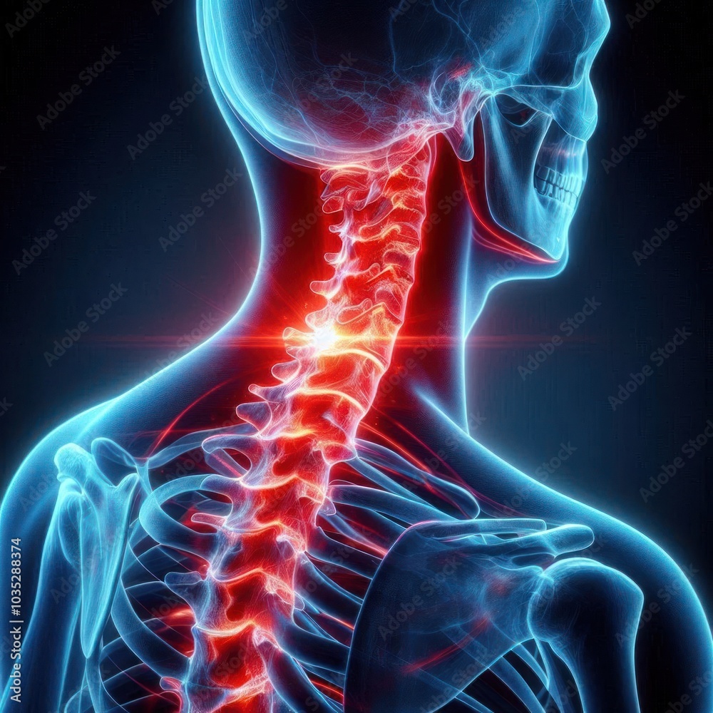 3D X-ray Illustration of Cervical Spine with Neck Pain Highlighted in Red, Depicting Spinal Injury or Tension 3D X-ray Illustration of Cervical Spine with Neck Pain Highlighted in Red, Depicting Spinal Injury or Tension