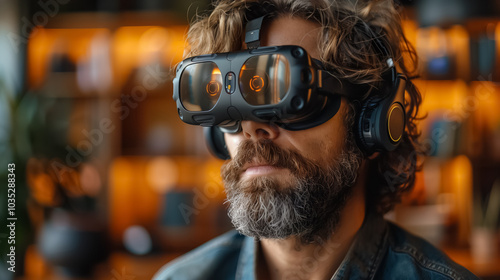 man Wearing VR Glasses in Virtual Reality Cyberspace for Future Technology