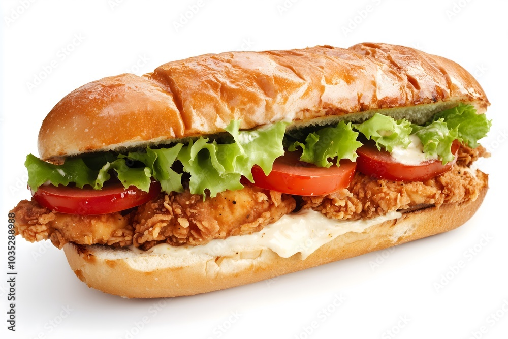 A delicious chicken sandwich isolated on a white background A delicious chicken sandwich isolated on a white background