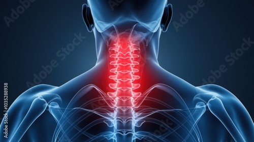 3D X-ray Illustration of Cervical Spine with Neck Pain Highlighted in Red, Depicting Spinal Injury or Tension